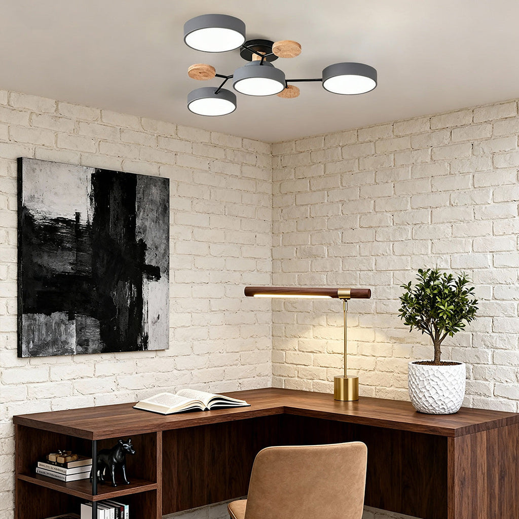 2-Piece Study Lighting Set: LED Semi-Flush Mount & Wood Desk Lamp