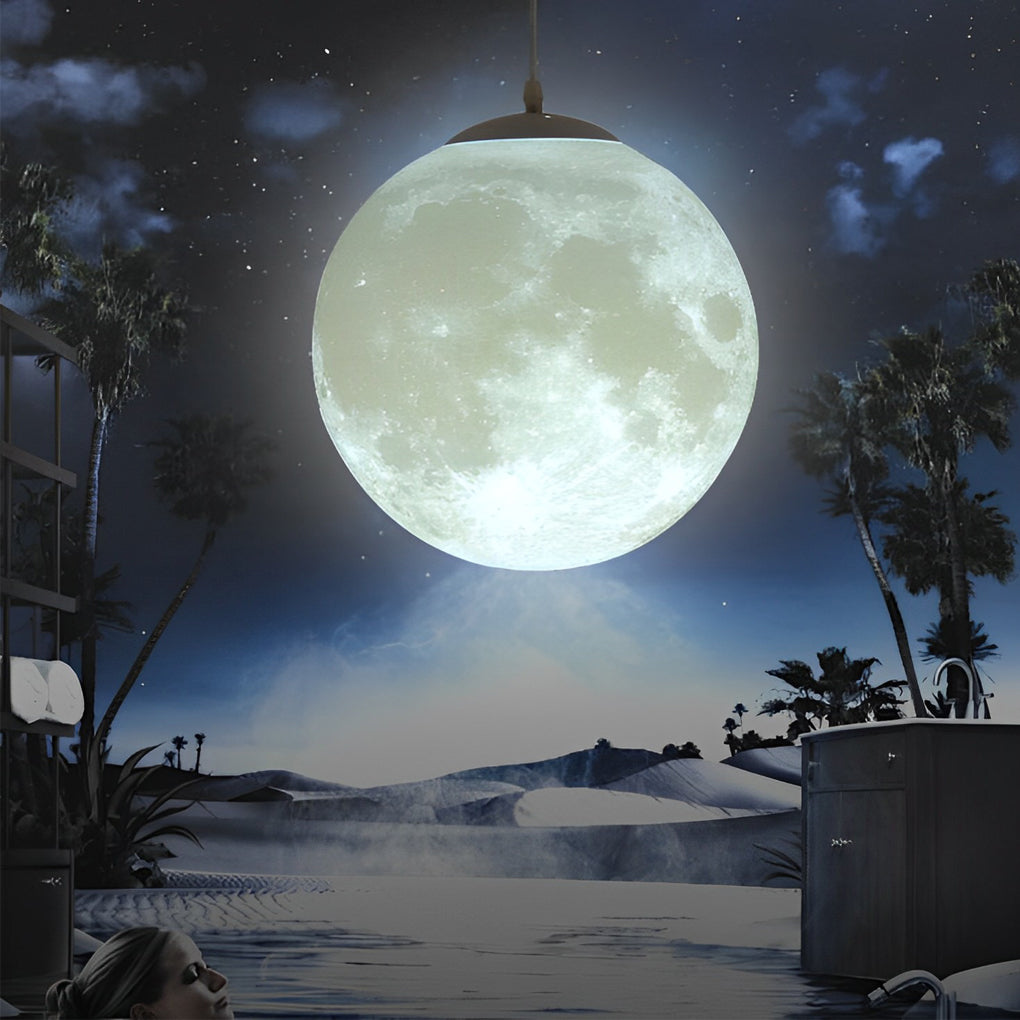 [Open-Box]Round Moon Lunar 3D Creativity White Pendant Lamp Hanging Ceiling Lamp