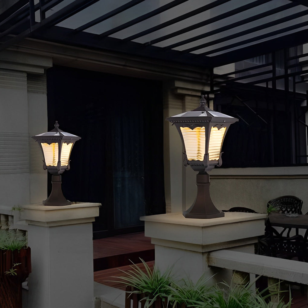 Ornate Top Vintage Solar LED Lawn Lamp in Elegant Coffee Gold Finish