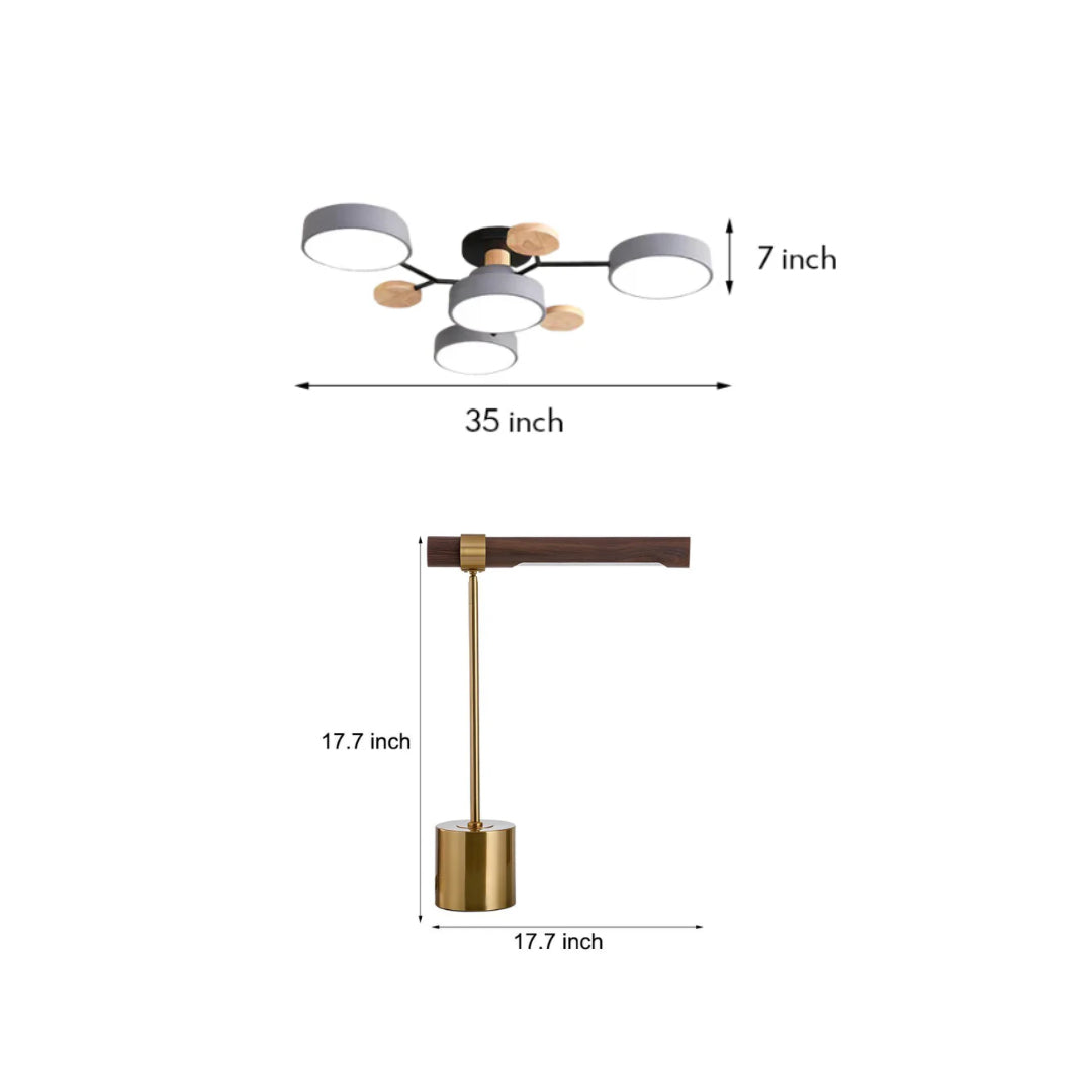2-Piece Study Lighting Set: LED Semi-Flush Mount & Wood Desk Lamp