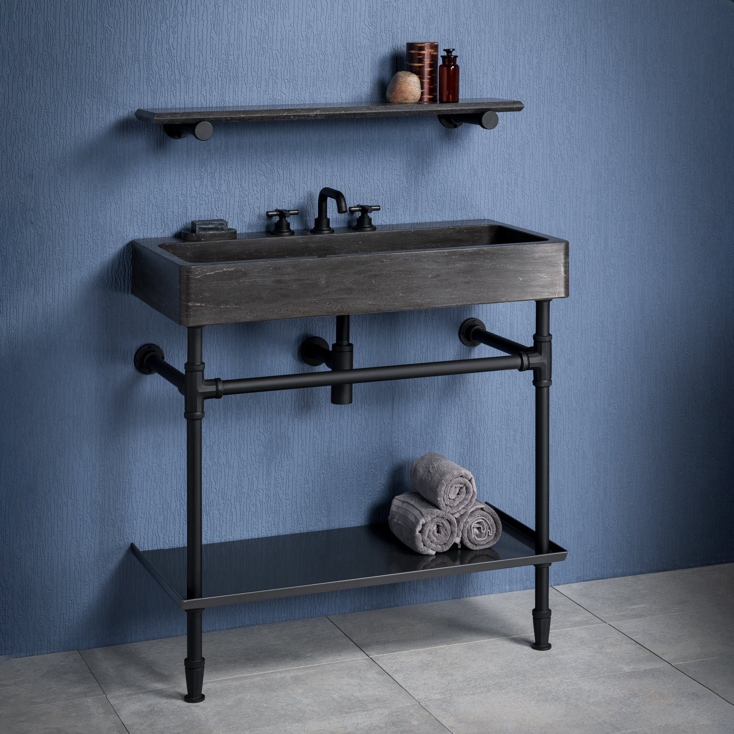 Trough Console paired with Elemental Facet Trough Vanity with Crossbar