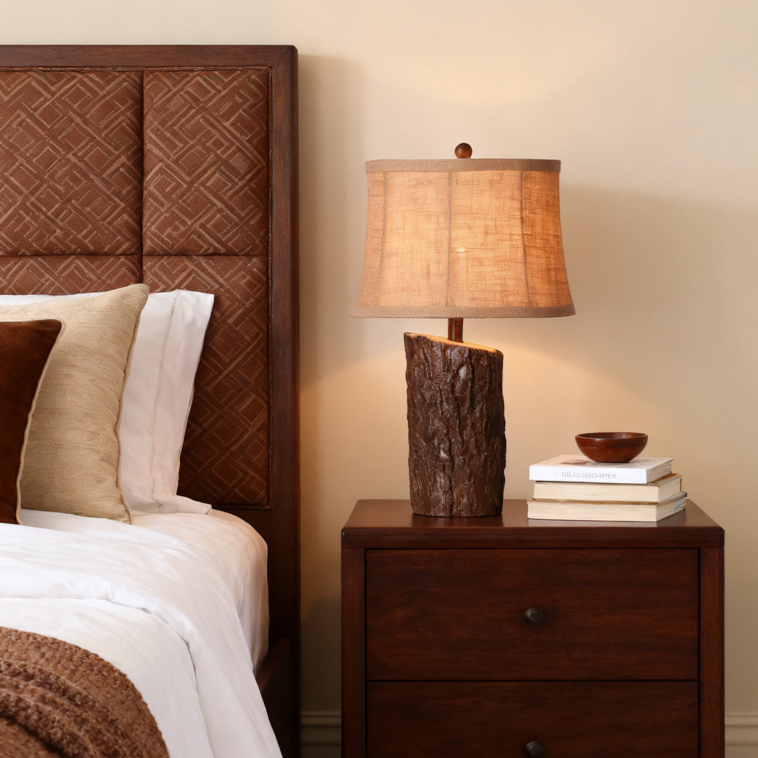 Faux Wood Table Lamp Bark-Textured Fabric Shade Nightstand Light