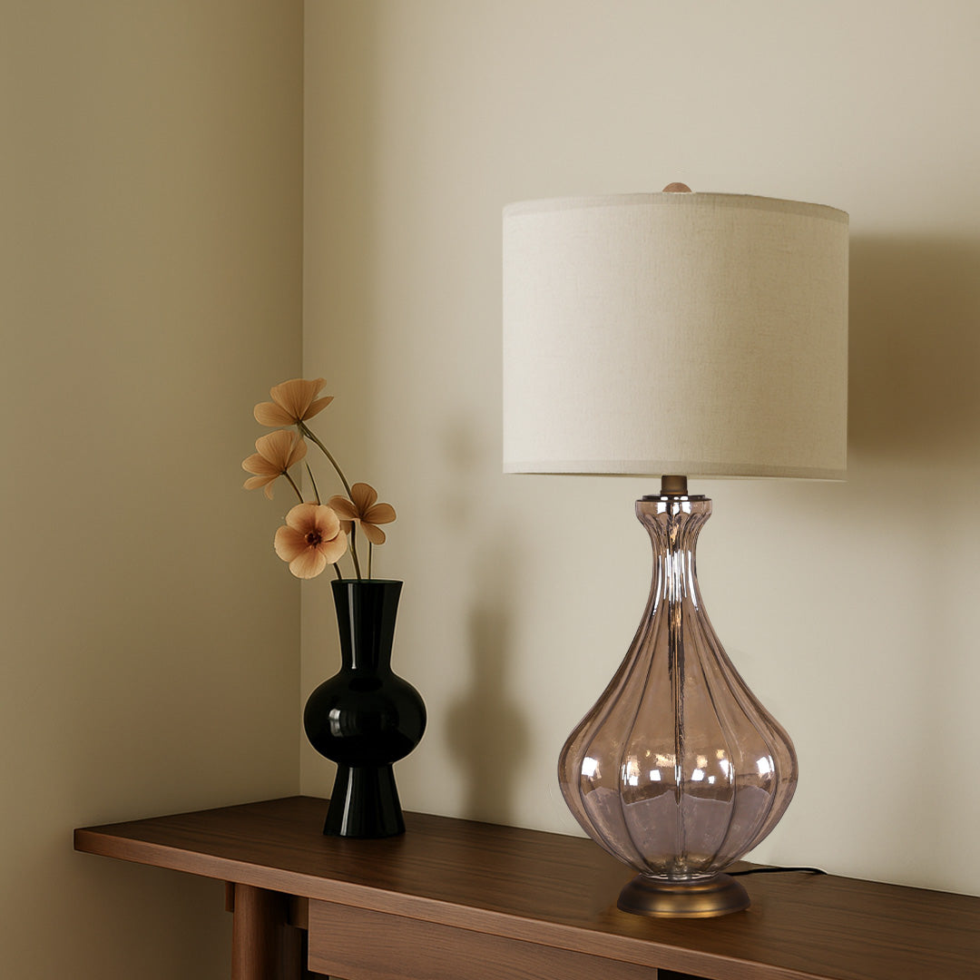 Glass Base Table Lamp with Sculptural  Classic Linen Shade Light