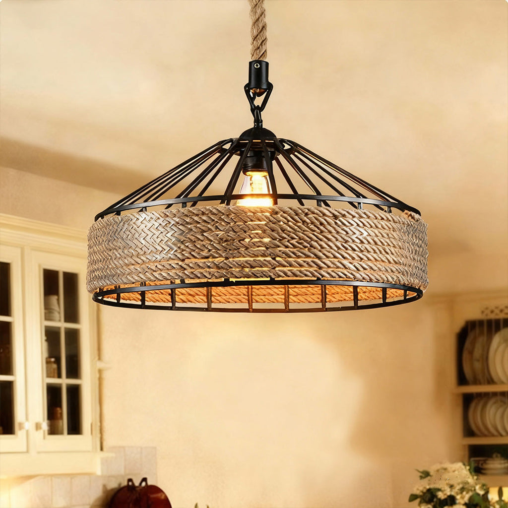 Circular Pendant Light Hemp Rope Iron Art Creative Ceiling Light