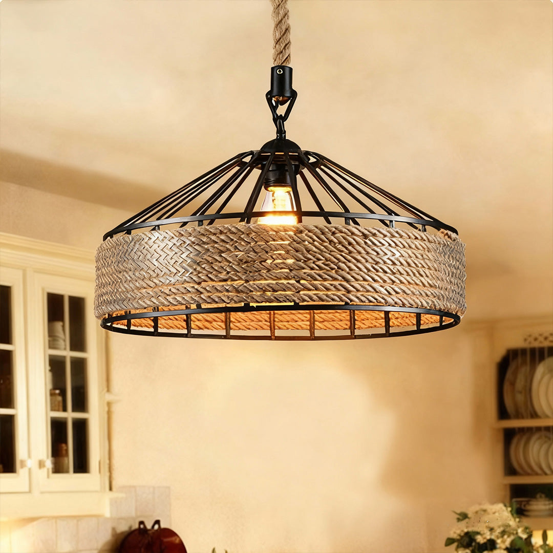 Circular Pendant Light Hemp Rope Iron Art Creative Ceiling Light