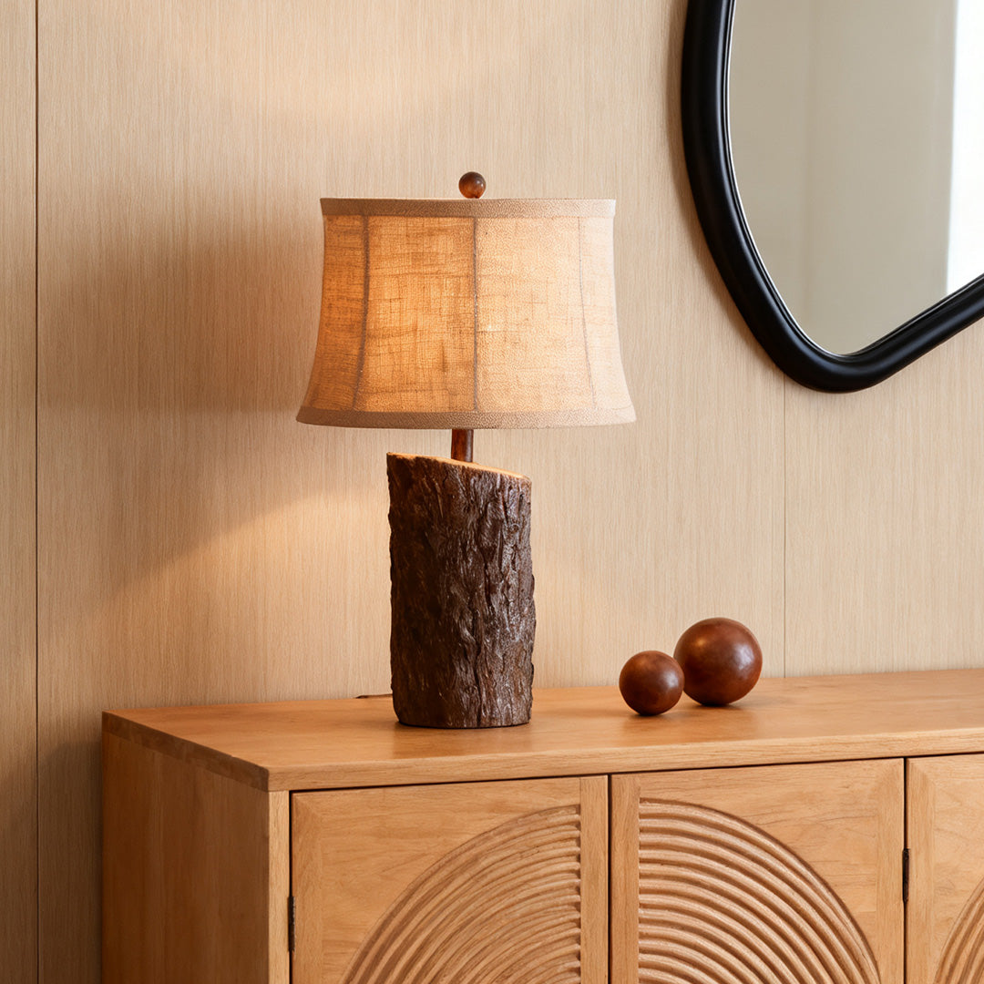 Faux Wood Table Lamp Bark-Textured Fabric Shade Nightstand Light