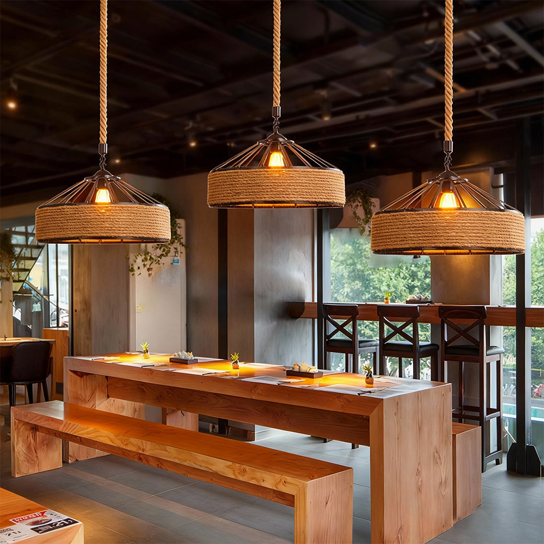 Circular Pendant Light Hemp Rope Iron Art Creative Ceiling Light