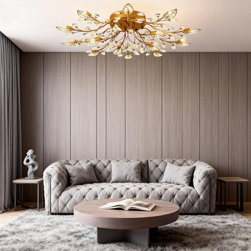 Brass Branch Chandelier Modern Crystal Leaf Ceiling Light