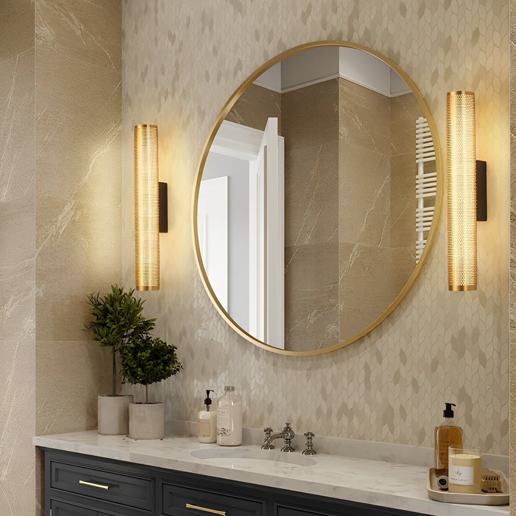 Gold Perforated Cylindrical Bathroom Vanity Light with Mesh Design