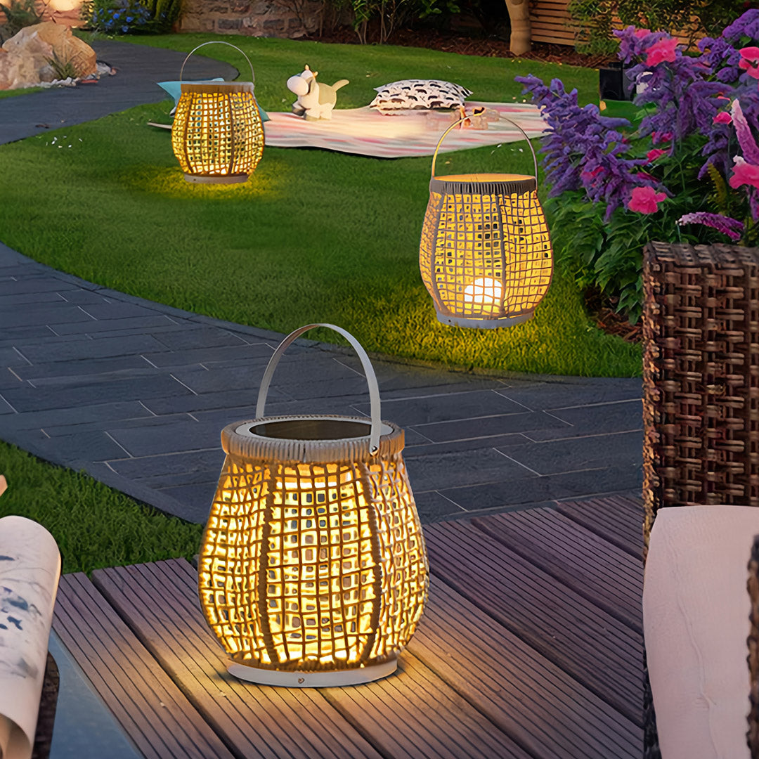 Woven Outdoor Lanterns Stylish with Handle Portable Patio Floor Lamp