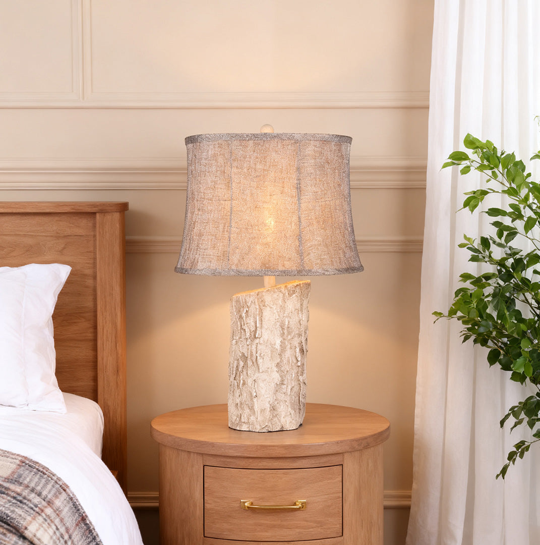 White Wood Table Lamp Realistic Bark Fabric Shade Ambient Lamp