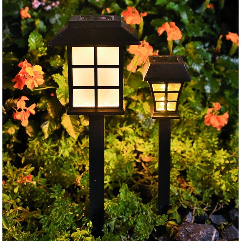 Square Pavilion-shaped Solar Outdoor Lights Black LED Garden Stakes Post Lighting