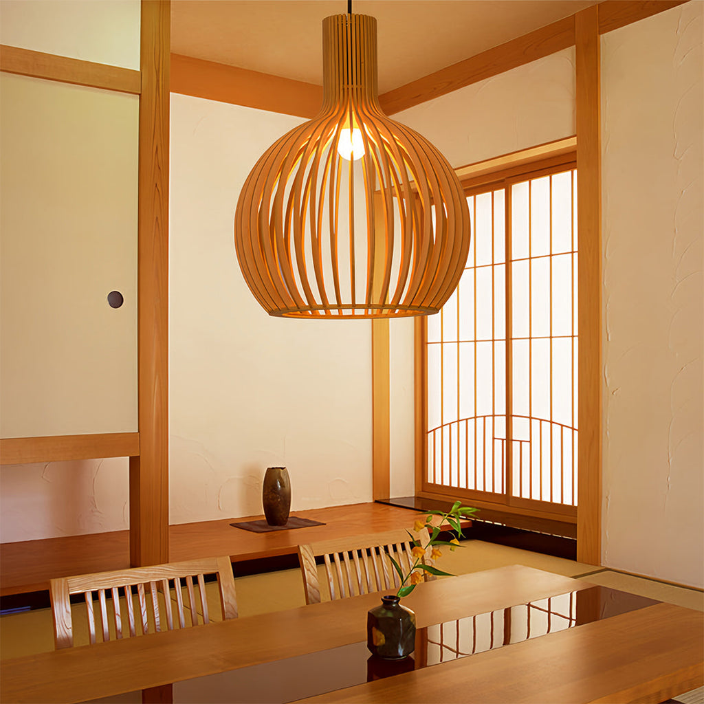 Bird Cage Pendant Light Japanese Basswood Body Wooden Ceiling Light
