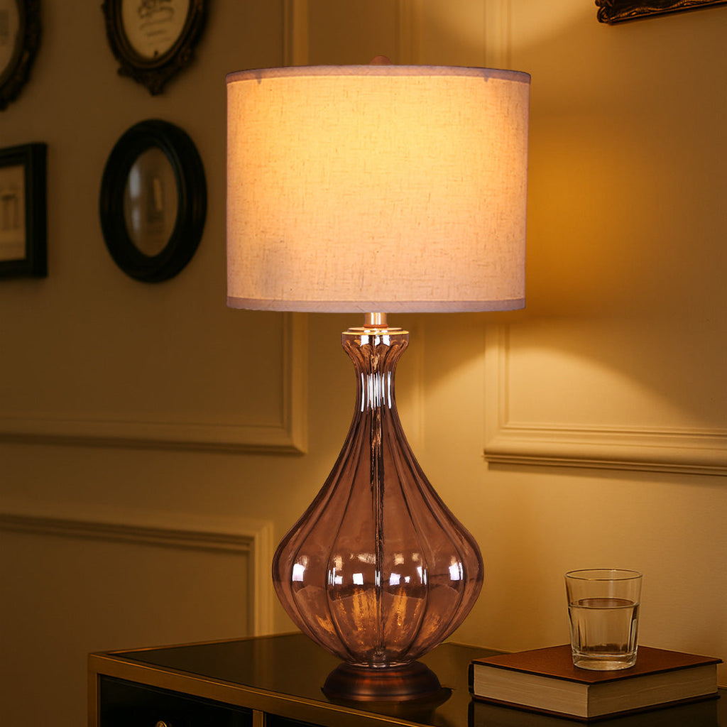Glass Base Table Lamp with Sculptural  Classic Linen Shade Light
