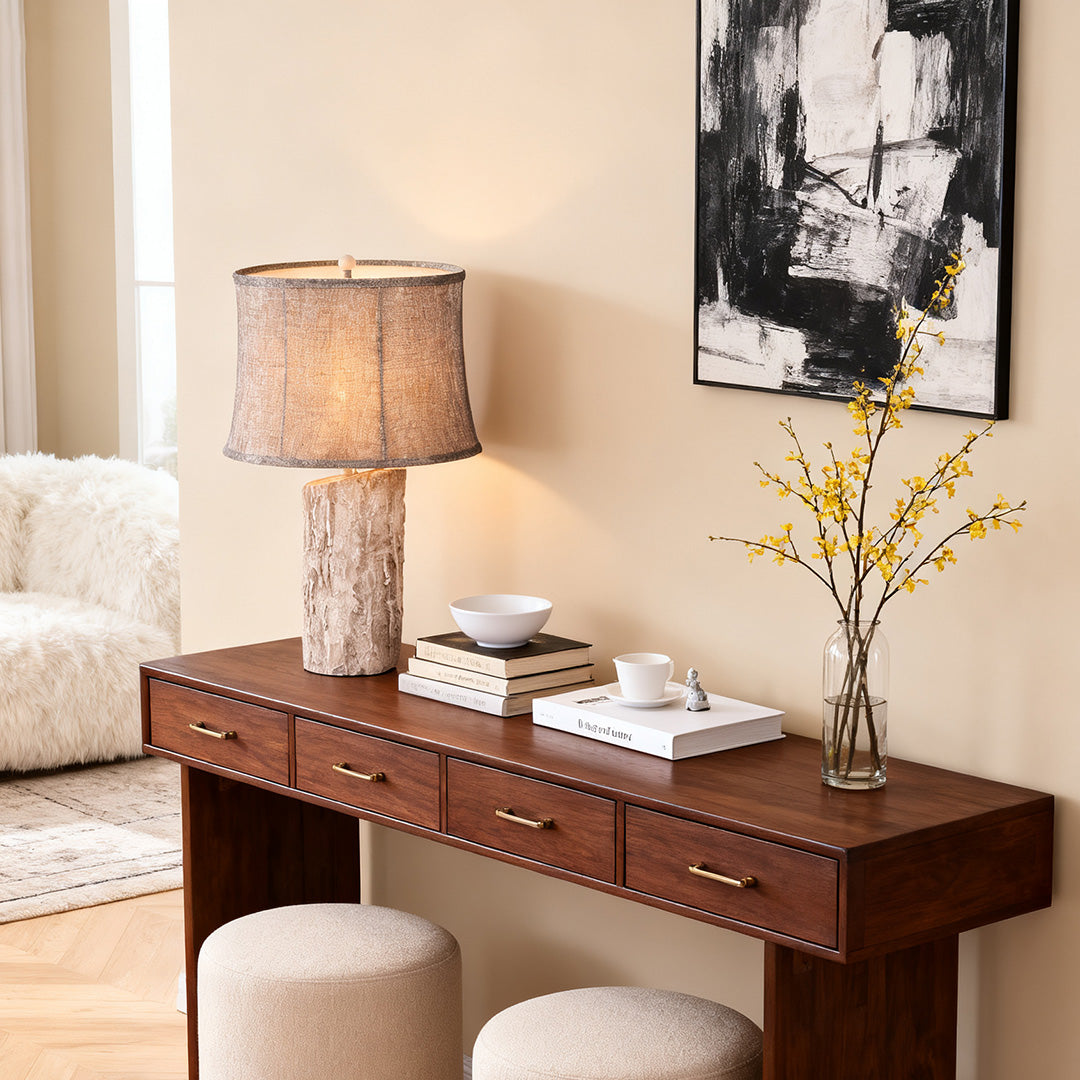 White Wood Table Lamp Realistic Bark Fabric Shade Ambient Lamp