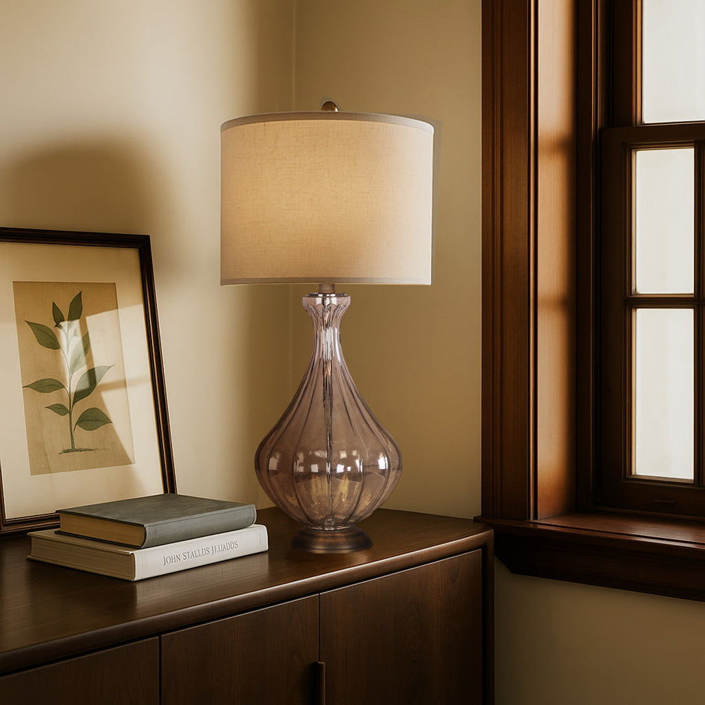 Glass Base Table Lamp with Sculptural  Classic Linen Shade Light
